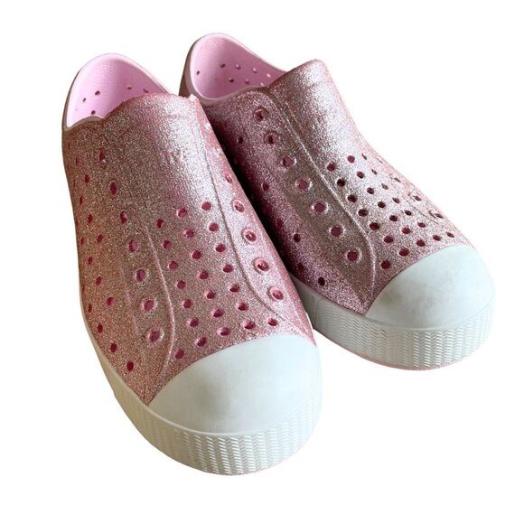 Native Jefferson Bio-Bling Pink Glitter Classic Slip On Shoes - Size Kids 2 - Picture 1 of 12